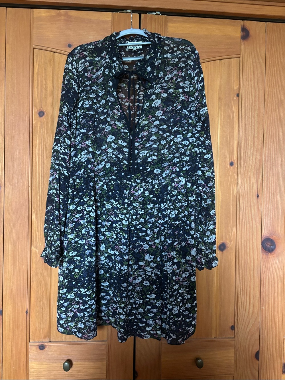 Ganni Black Floral Tie-Neck Dress with White and Green Print